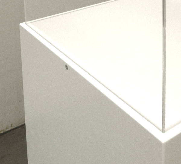 dettaglio sistema di fissaggio teca in plexiglass su totem da terra mediannte vite